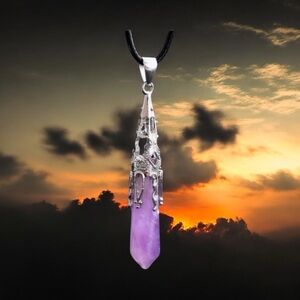 Genuine Amethyst Crystal Pendant with Black Cord Necklace